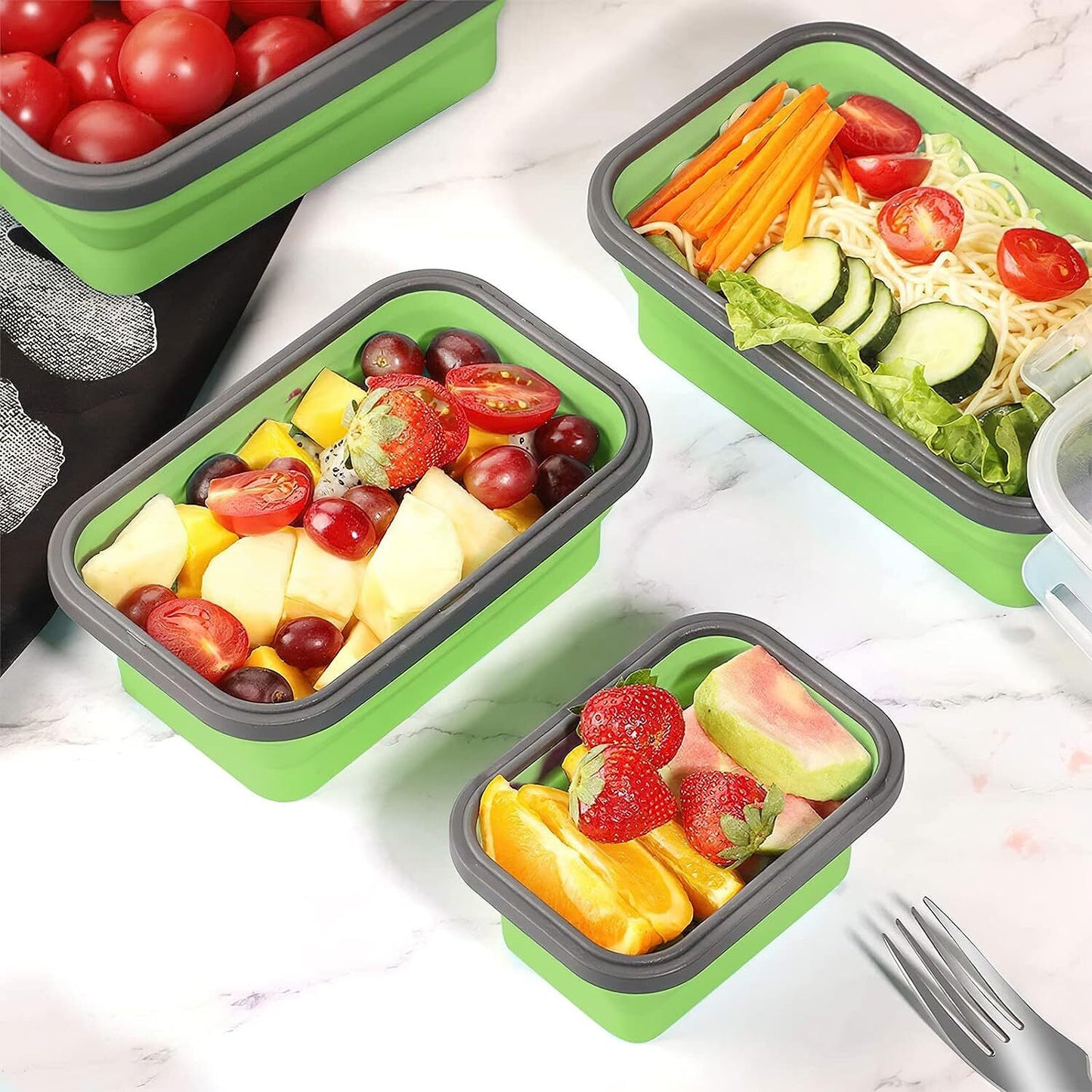 4 X Collapsible Silicone Food Storage Containers Lunchboxes Bowls Meal Box with Airtight Lid Green)