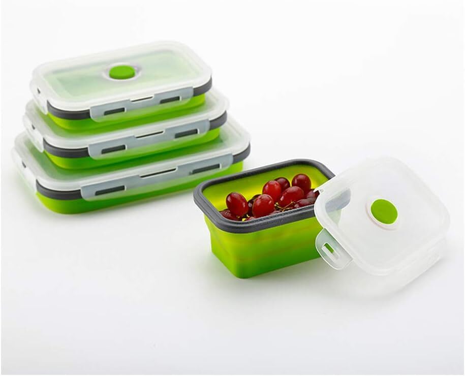 4 X Collapsible Silicone Food Storage Containers Lunchboxes Bowls Meal Box with Airtight Lid Green)