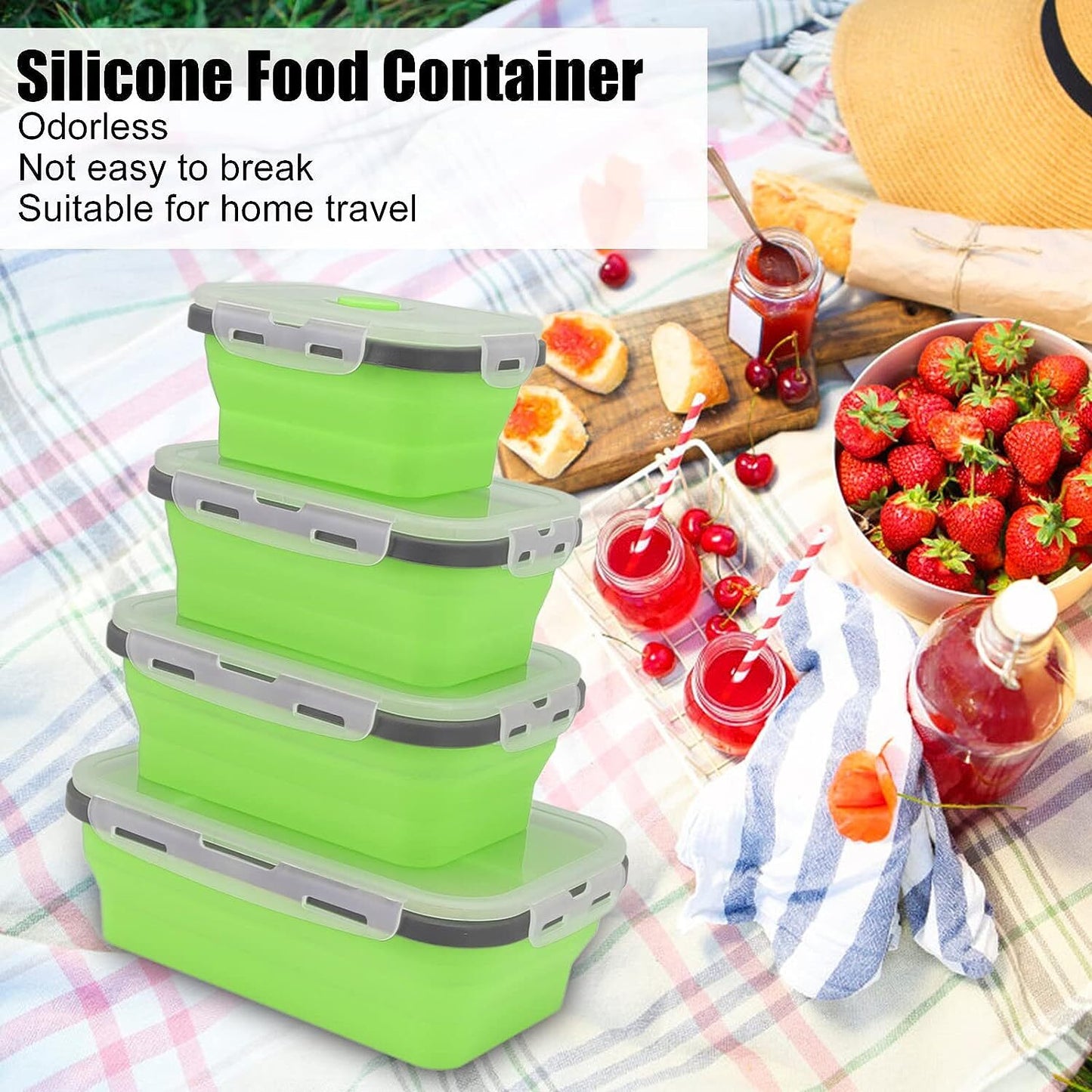 4 X Collapsible Silicone Food Storage Containers Lunchboxes Bowls Meal Box with Airtight Lid Green)