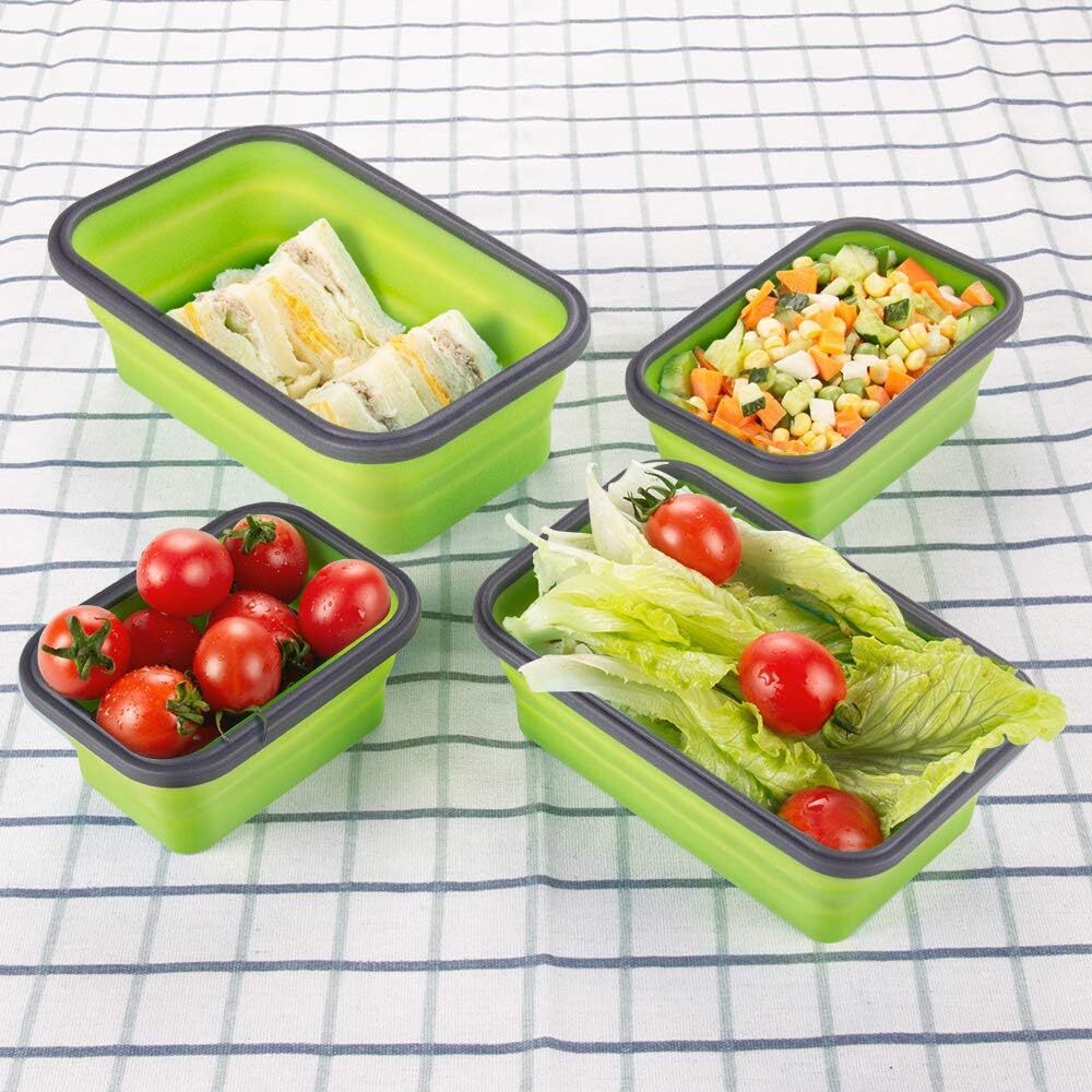 4 X Collapsible Silicone Food Storage Containers Lunchboxes Bowls Meal Box with Airtight Lid Green)