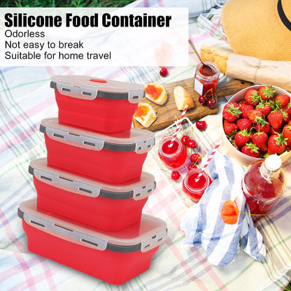 4 X Collapsible Silicone Food Storage Containers Lunchboxes Bowls Meal Box with Airtight Lid (Red)