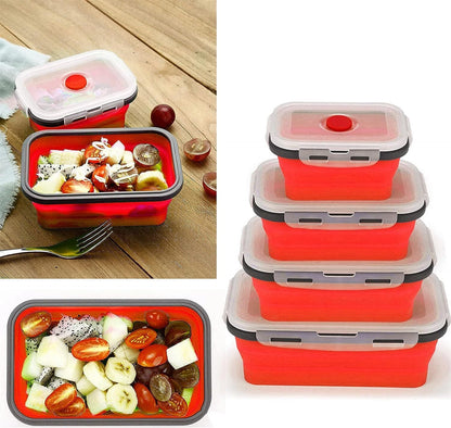 4 X Collapsible Silicone Food Storage Containers Lunchboxes Bowls Meal Box with Airtight Lid (Red)