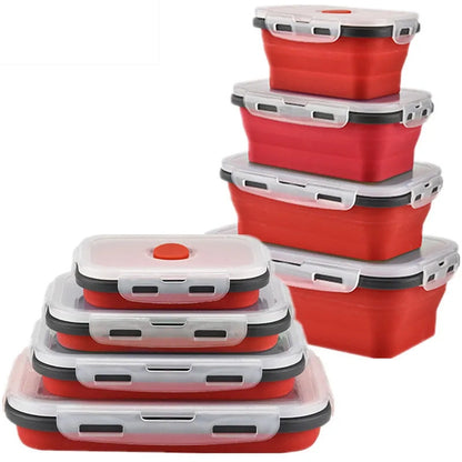 4 X Collapsible Silicone Food Storage Containers Lunchboxes Bowls Meal Box with Airtight Lid (Red)