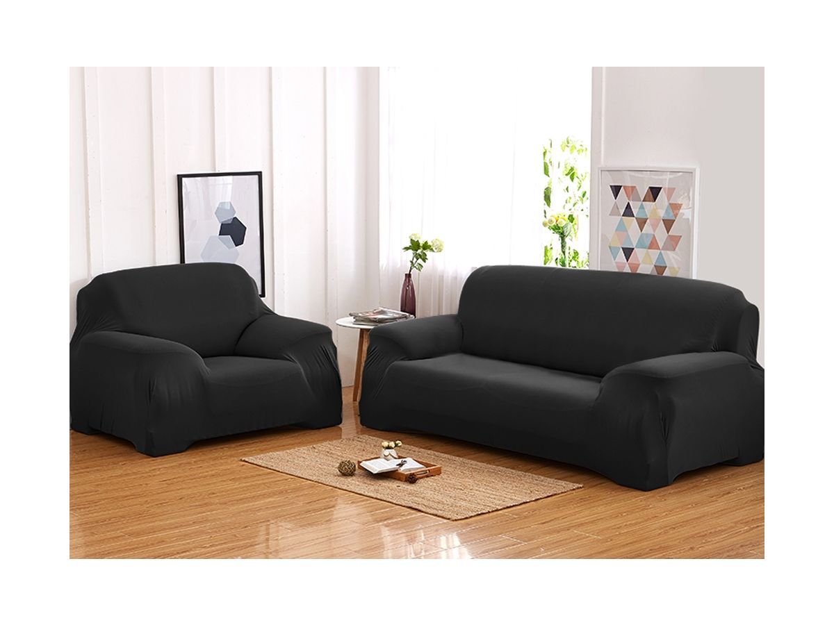 Sofa Cover Stretch Set: Lounge Couch & Cushion Protector (Black, Single Seater)