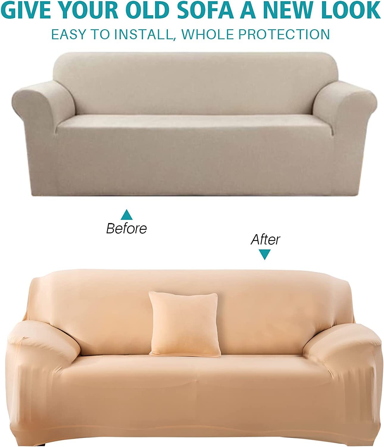 2-Seater Sofa Cover Stretch Set: Lounge Couch & Cushion Protector (Beige)