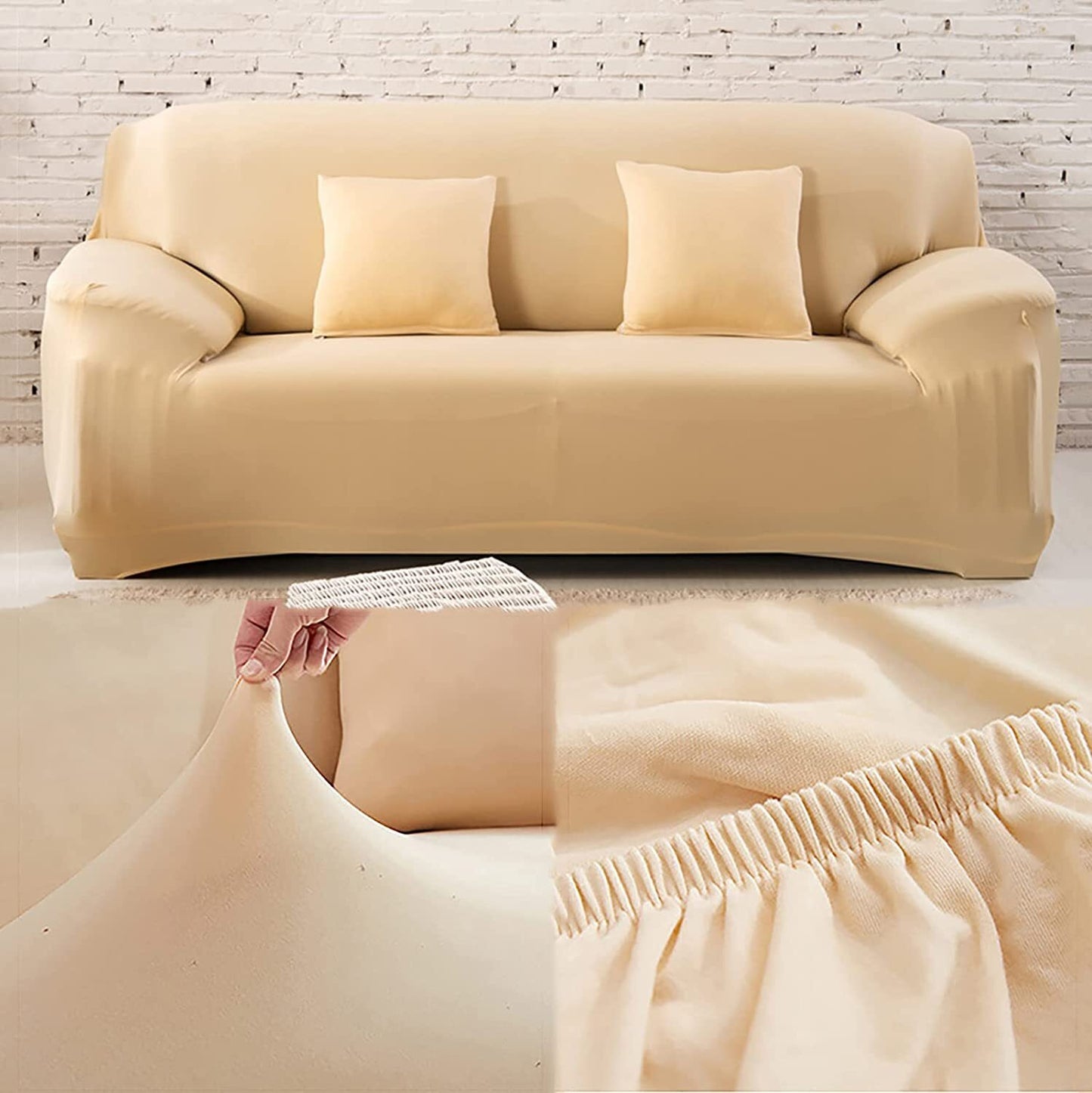 2-Seater Sofa Cover Stretch Set: Lounge Couch & Cushion Protector (Beige)