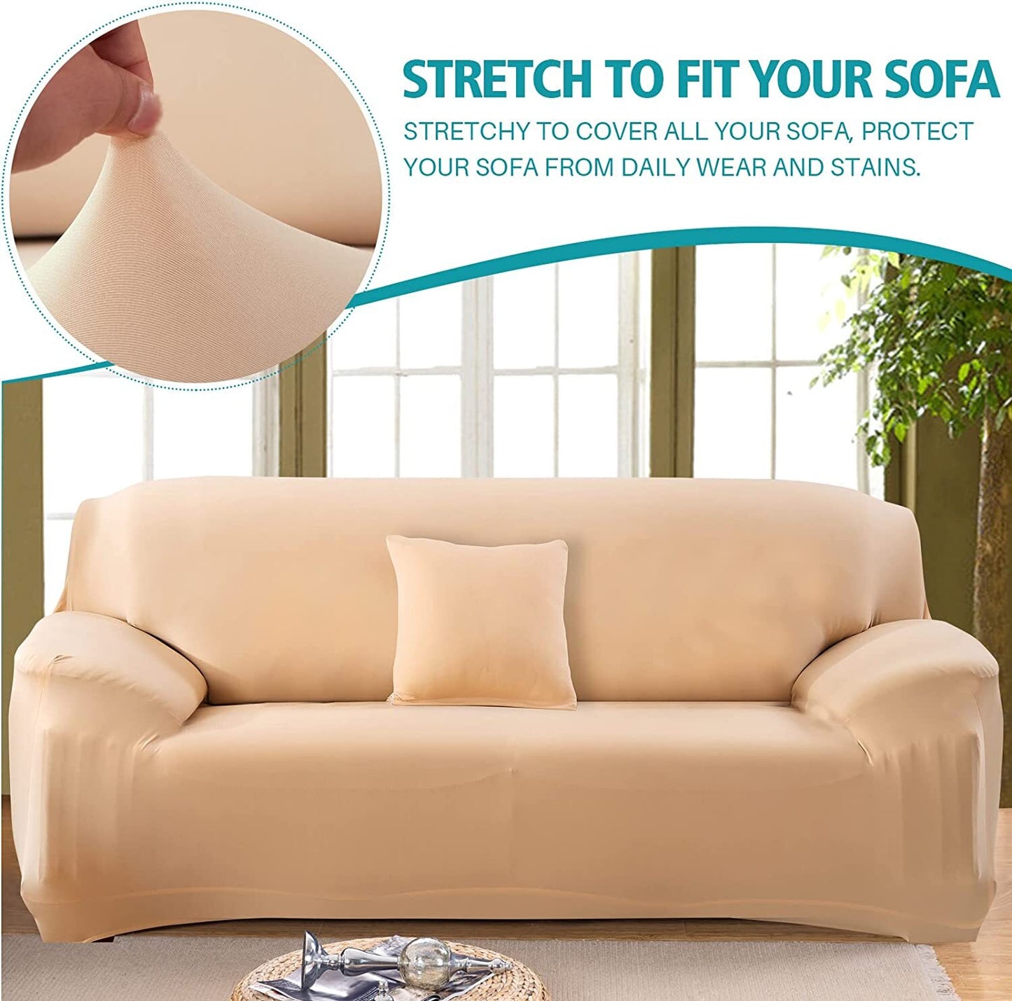 2-Seater Sofa Cover Stretch Set: Lounge Couch & Cushion Protector (Beige)