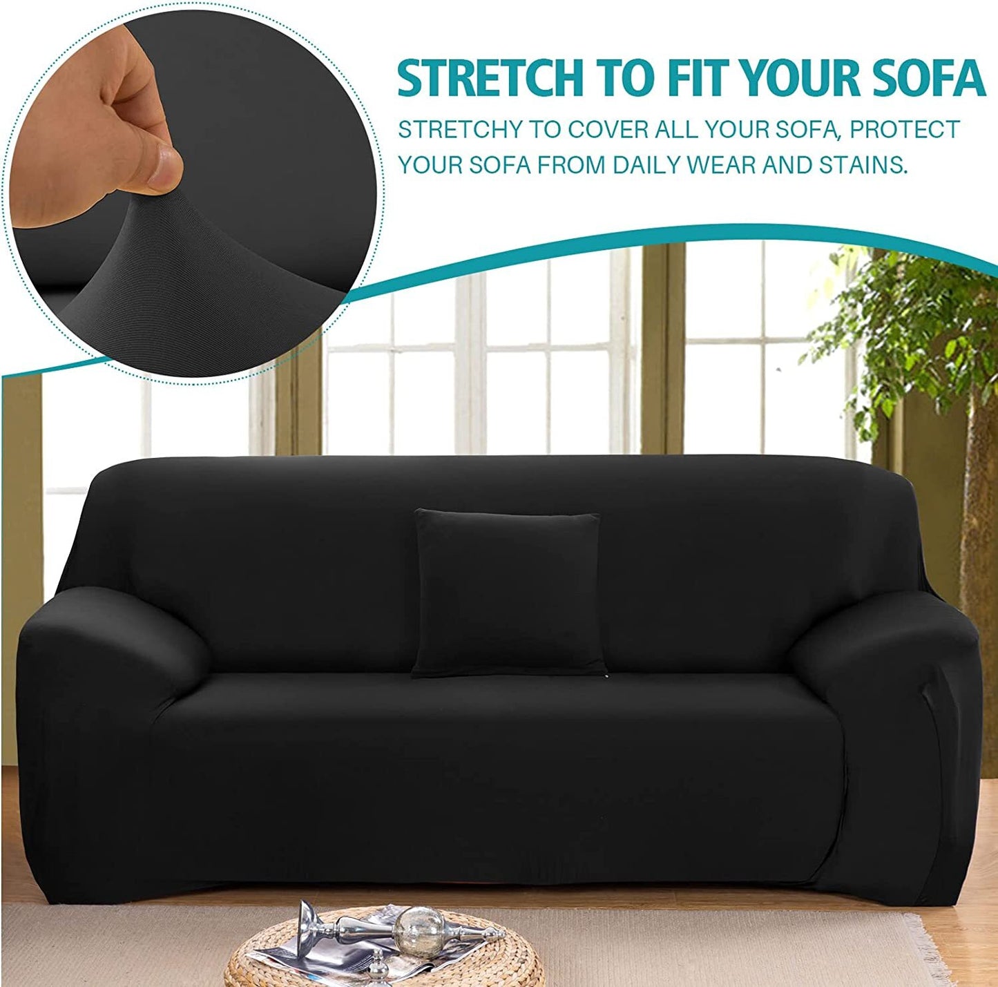 2-Seater Sofa Cover Stretch Set: Lounge Couch & Cushion Protector (Black)