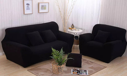 2-Seater Sofa Cover Stretch Set: Lounge Couch & Cushion Protector (Black)