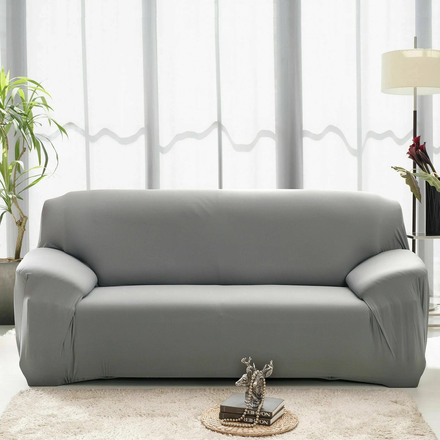 2-Seater Sofa Cover Stretch Set: Lounge Couch & Cushion Protector (Grey)