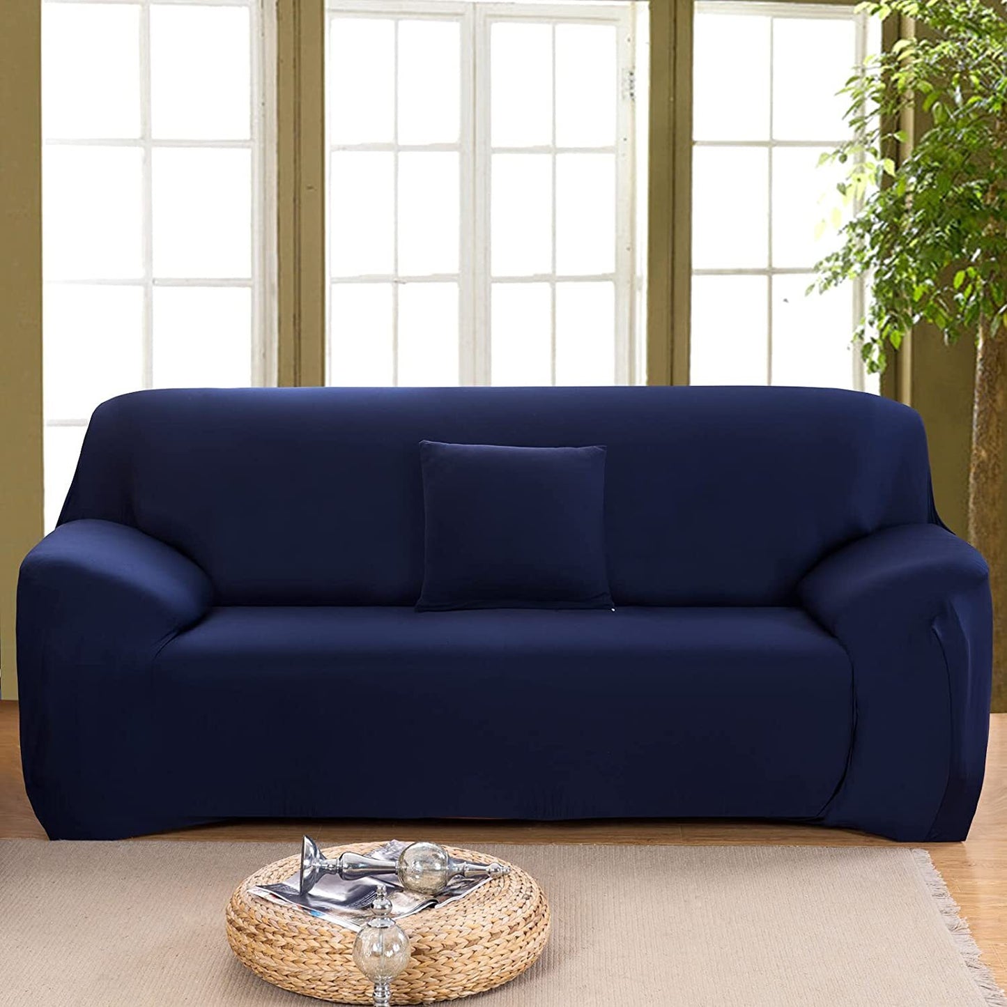 2-Seater Sofa Cover Stretch Set: Lounge Couch & Cushion Protector (Navy)