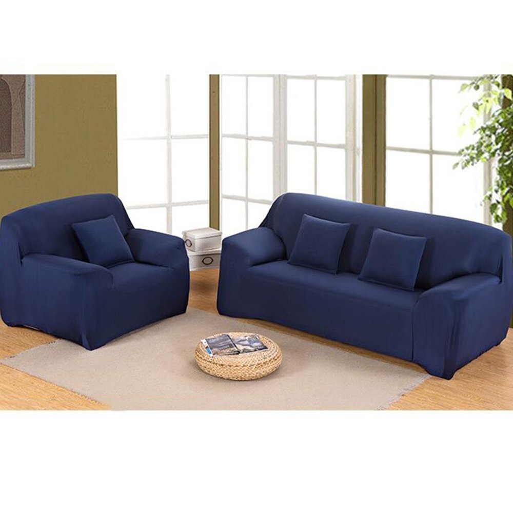 2-Seater Sofa Cover Stretch Set: Lounge Couch & Cushion Protector (Navy)