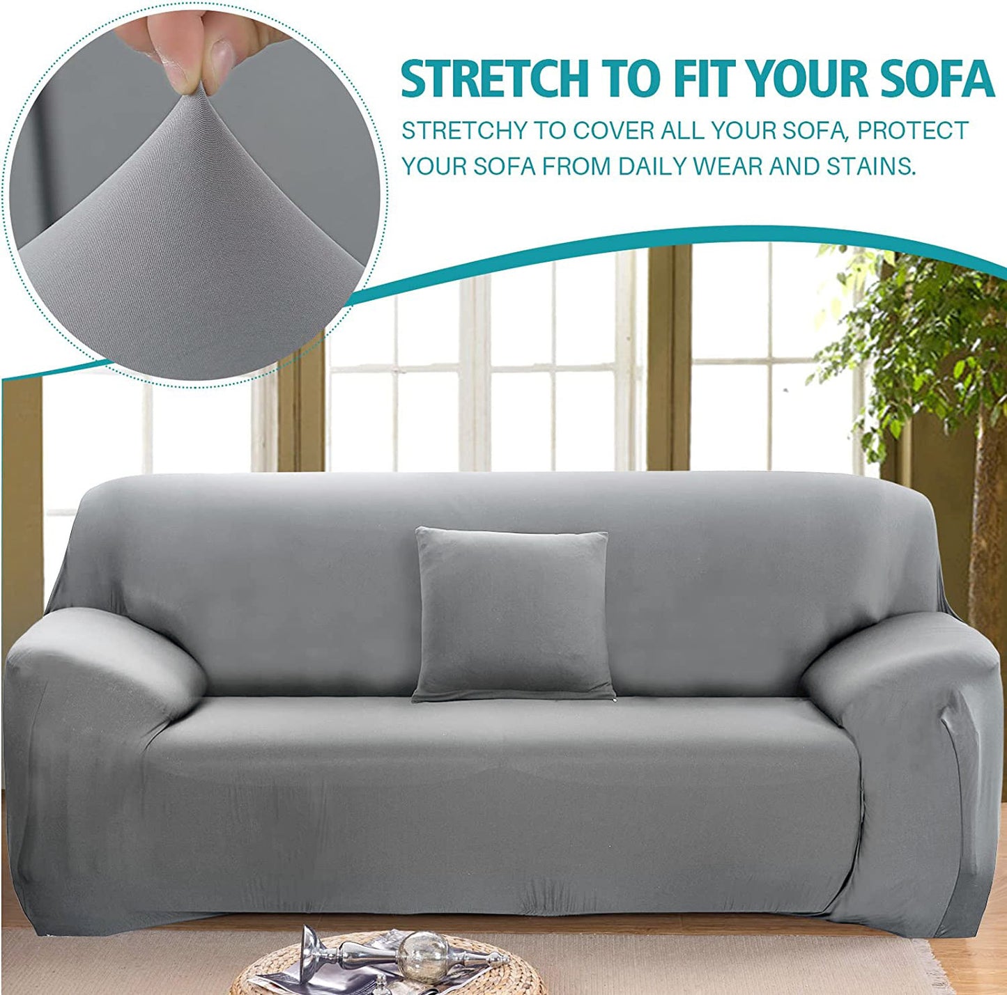 3-Seater Sofa Cover Stretch Set: Lounge Couch & Cushion Protector (Grey)