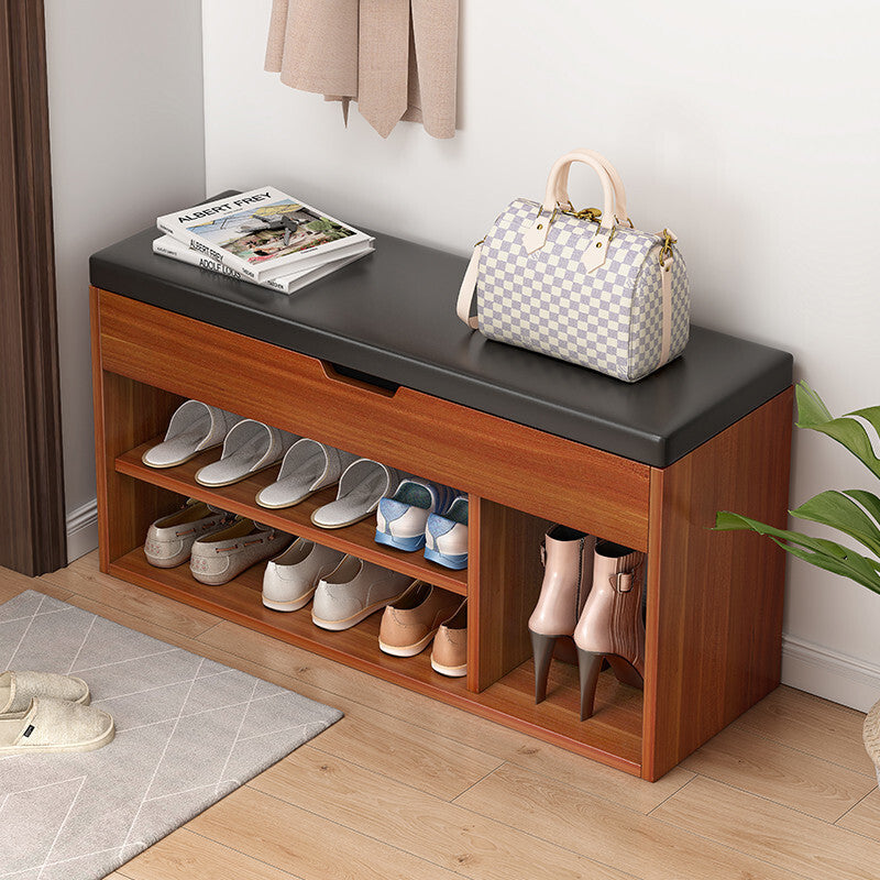 Wooden Cushioned Storage Ottoman & Shoe Cabinet (Chestnut & Black PU Leather)