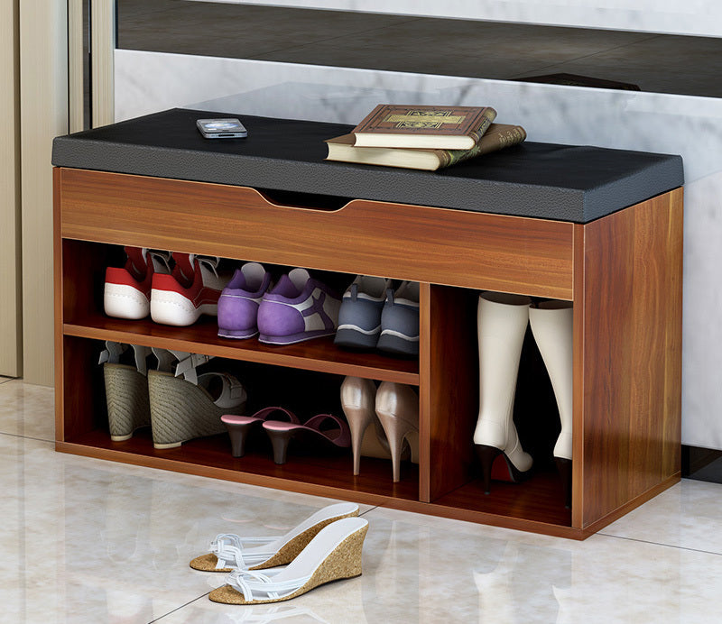 Wooden Cushioned Storage Ottoman & Shoe Cabinet (Chestnut & Black PU Leather)