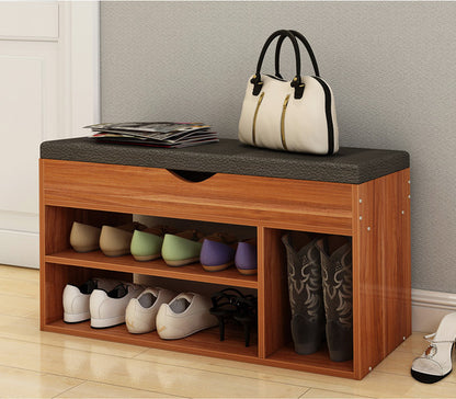 Wooden Cushioned Storage Ottoman & Shoe Cabinet (Chestnut & Black PU Leather)