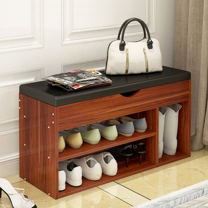 Wooden Cushioned Storage Ottoman & Shoe Cabinet (Chestnut & Black PU Leather)