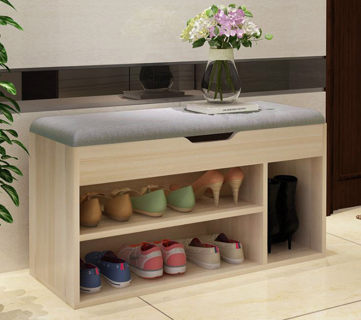 Wooden Cushioned Storage Ottoman & Shoe Cabinet (White Oak & Light Grey Cover)