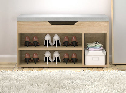 Wooden Cushioned Storage Ottoman & Shoe Cabinet (White Oak & Light Grey Cover)