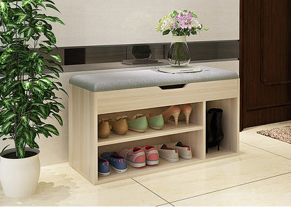 Wooden Cushioned Storage Ottoman & Shoe Cabinet (White Oak & Light Grey Cover)