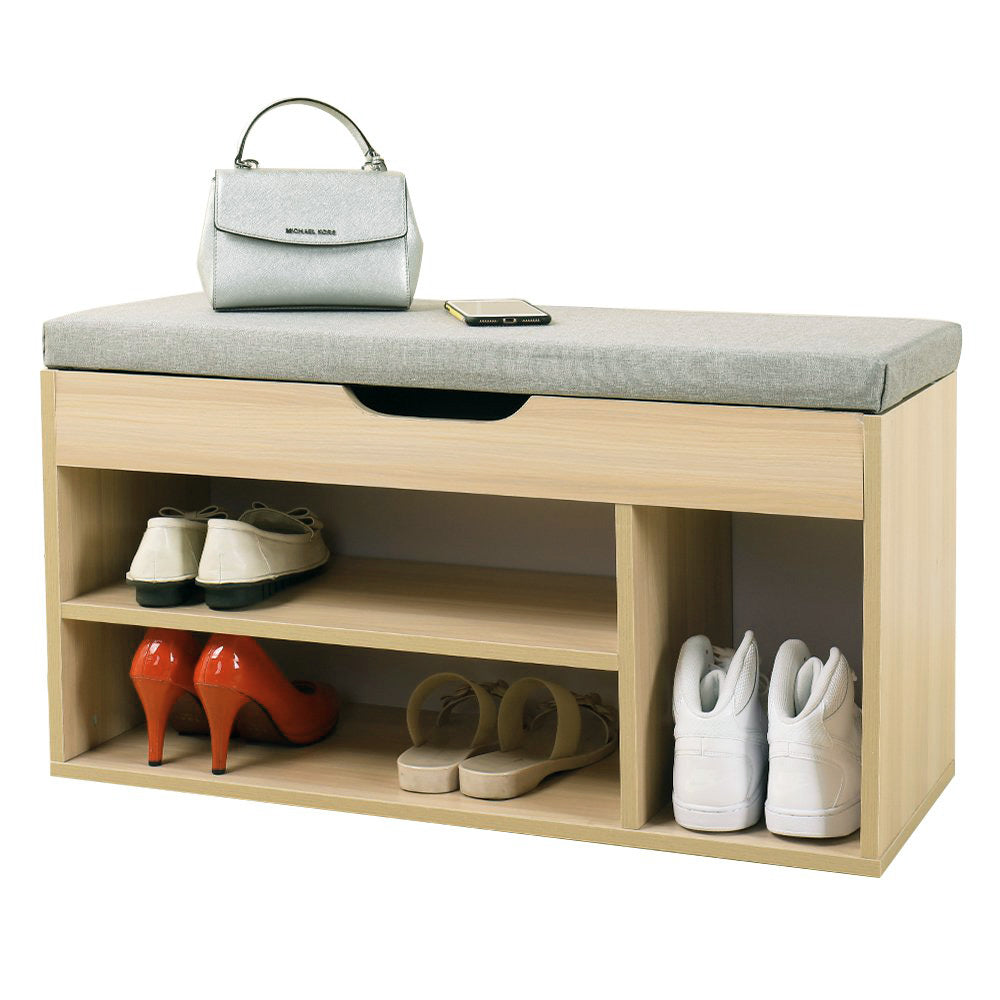 Wooden Cushioned Storage Ottoman & Shoe Cabinet (White Oak & Light Grey Cover)