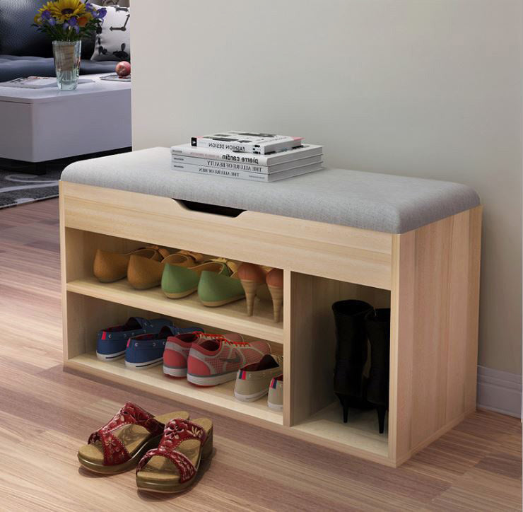 Wooden Cushioned Storage Ottoman & Shoe Cabinet (White Oak & Light Grey Cover)