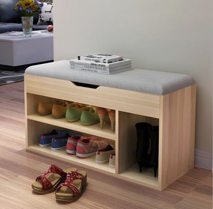 Wooden Cushioned Storage Ottoman & Shoe Cabinet (White Oak & Light Grey Cover)