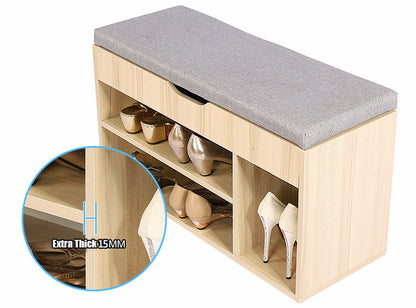 Wooden Cushioned Storage Ottoman & Shoe Cabinet (White Oak & Light Grey Cover)