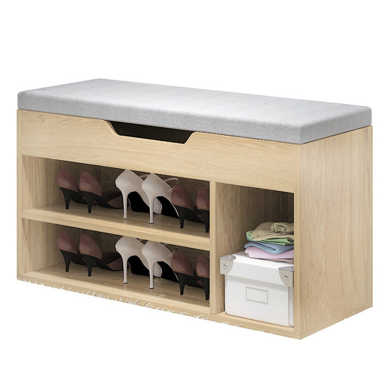 Wooden Cushioned Storage Ottoman & Shoe Cabinet (White Oak & Light Grey Cover)