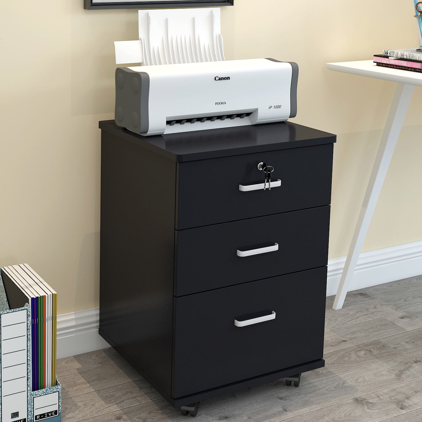 Miami 3 Drawer Bedside Table Cabinet with Wheels (Black)