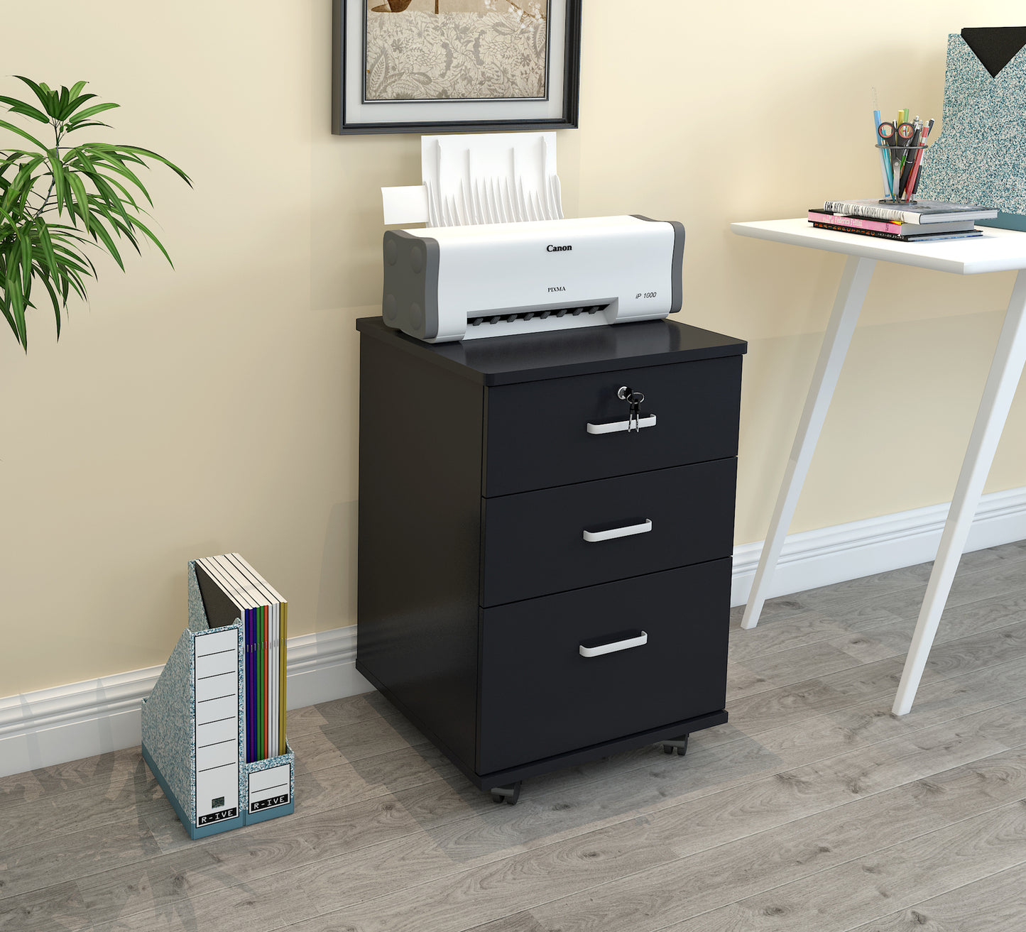 Miami 3 Drawer Bedside Table Cabinet with Wheels (Black)