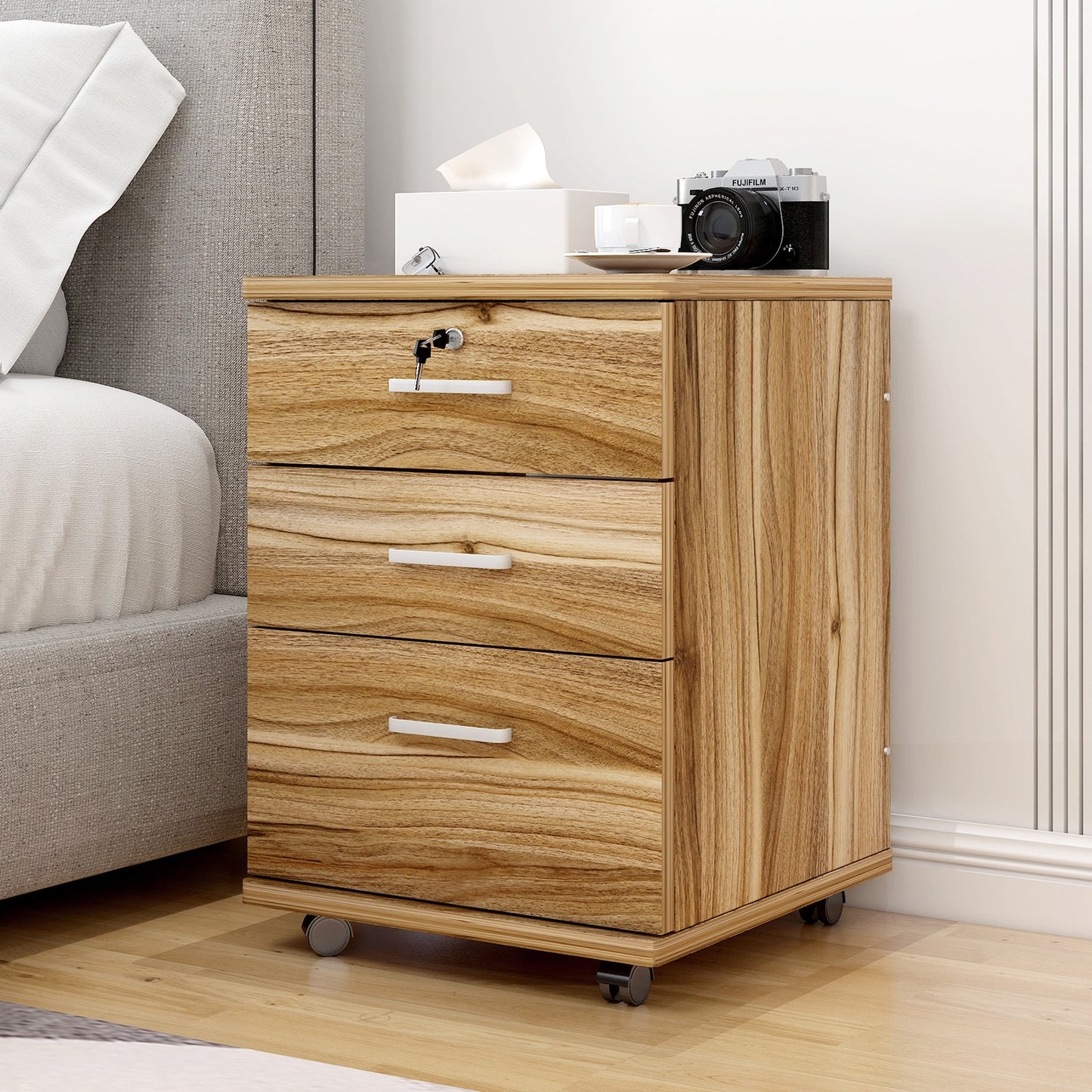 Miami 3 Drawer Bedside Table Cabinet with Wheels (Natural Oak)