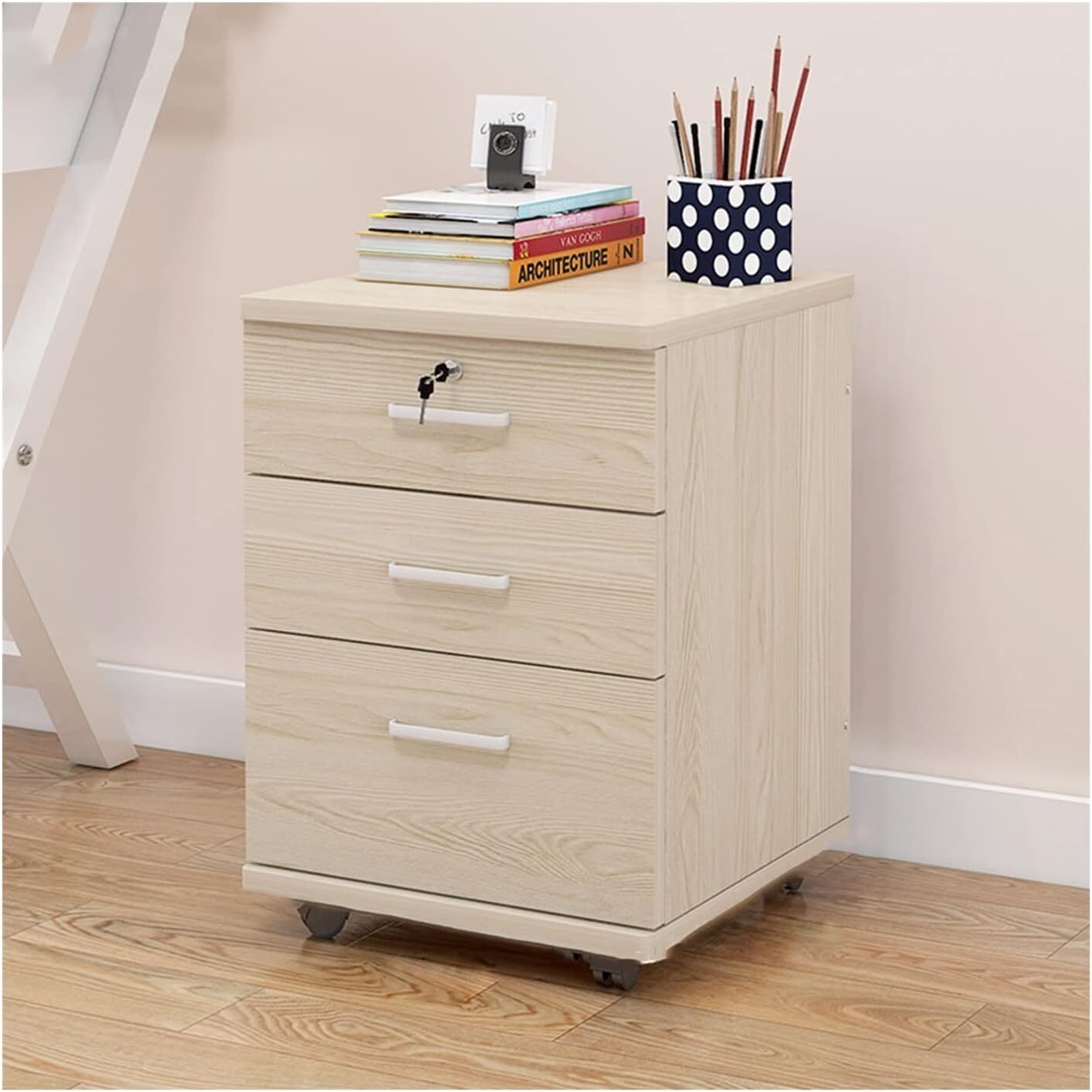 Miami 3 Drawer Bedside Table Cabinet with Wheels (White Oak)