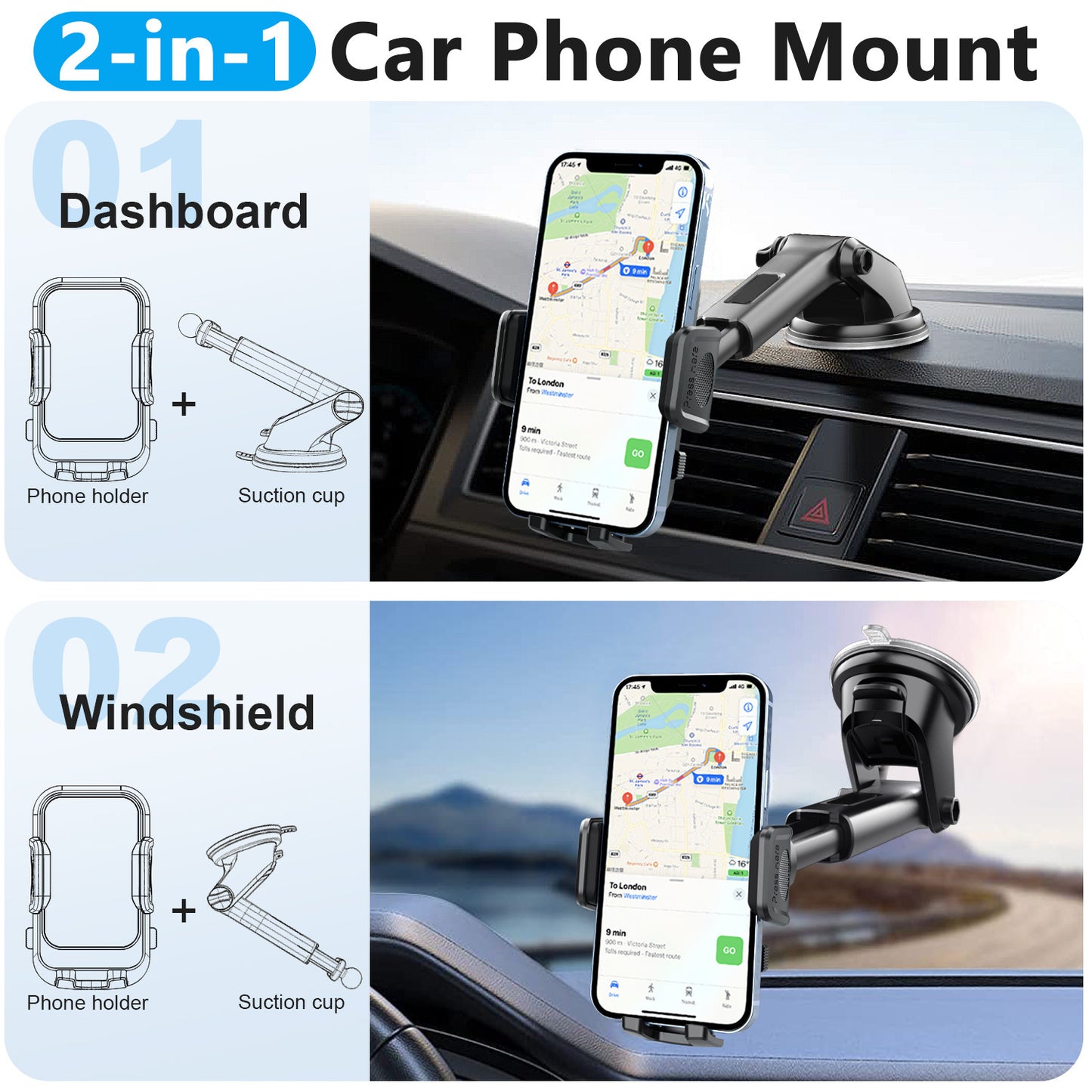 2-in-1 Universal Car Phone Holder Mount Dashboard Vent Windshield