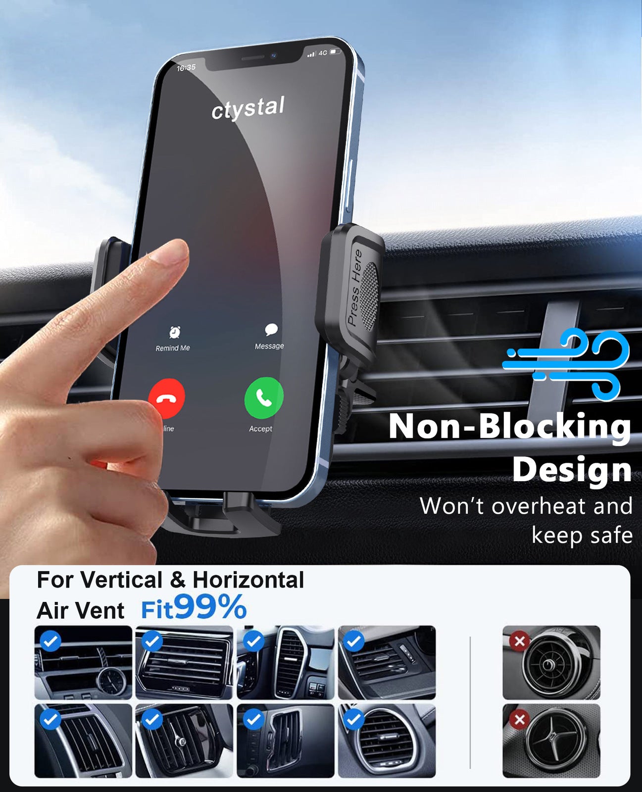 2-in-1 Universal Car Phone Holder Mount Dashboard Vent Windshield