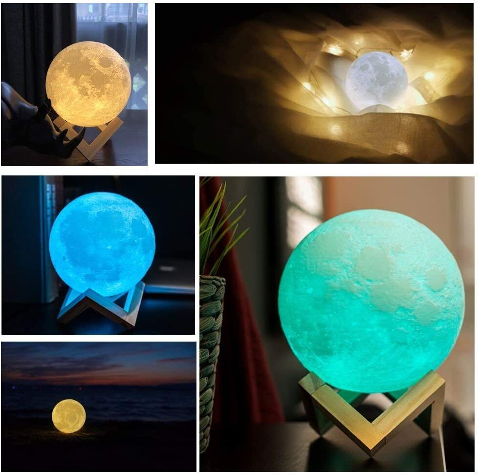 3D Moon Lunar Lamp Colour-Changing LED Night Light with Wooden Base