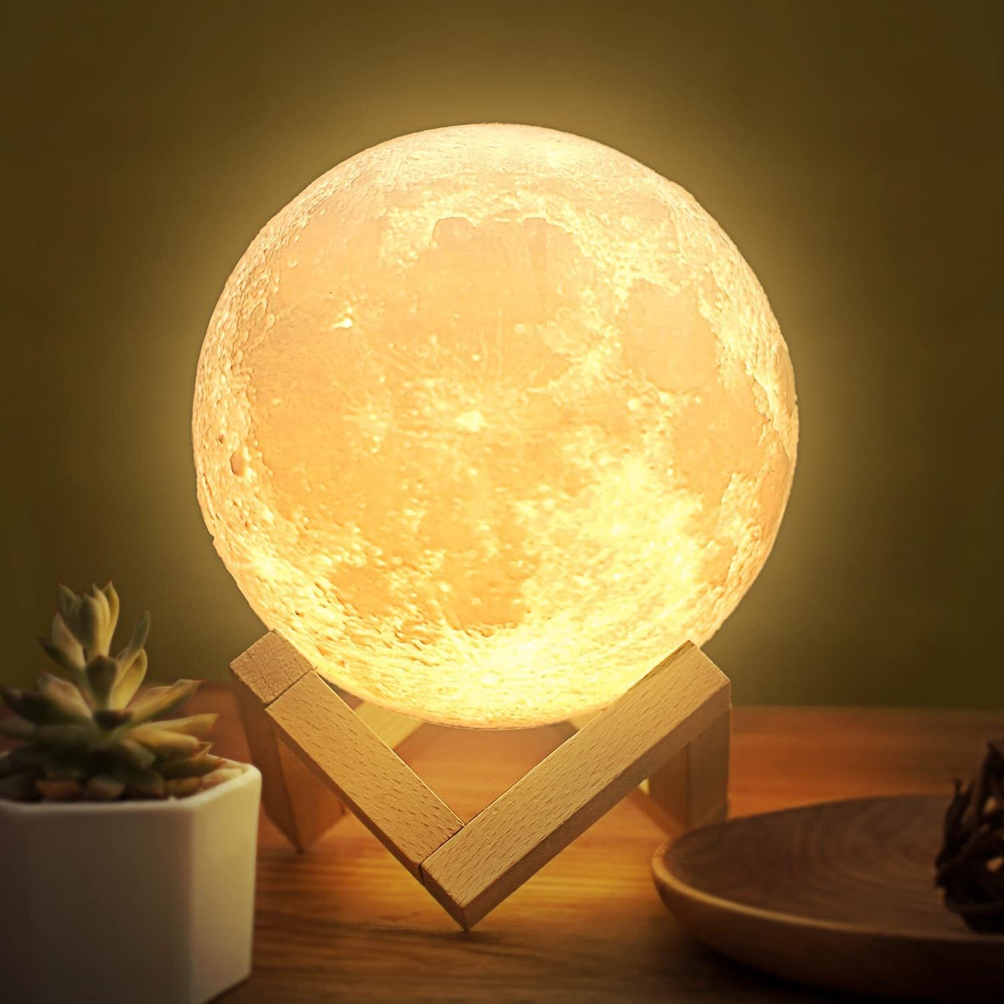 3D Moon Lunar Lamp Colour-Changing LED Night Light with Wooden Base