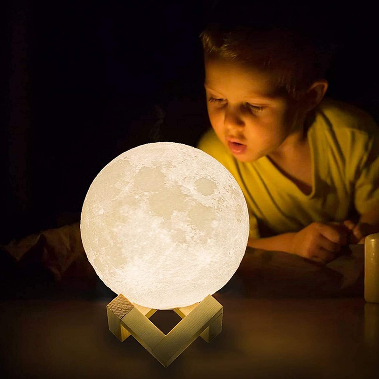 3D Moon Lunar Lamp Colour-Changing LED Night Light with Wooden Base