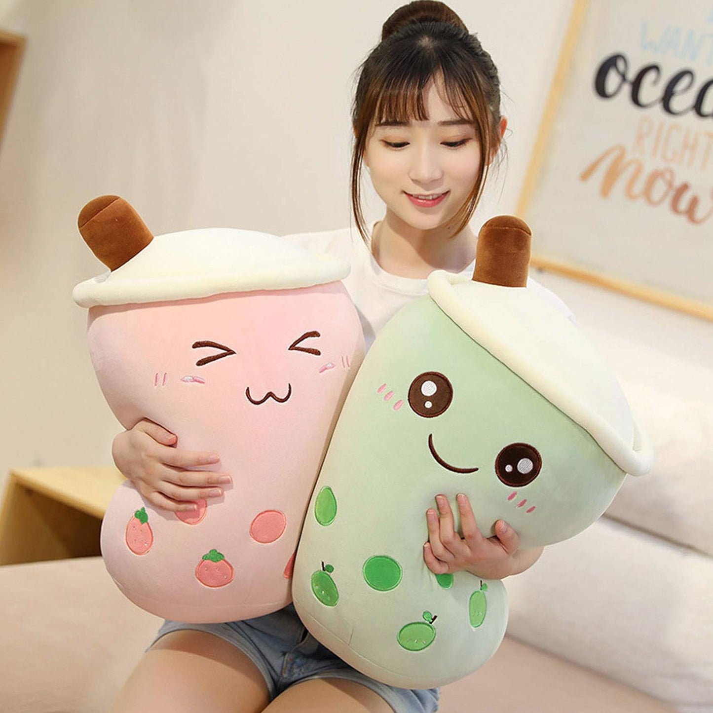 Large Bubble Tea Plush Toy Boba Cuddly Doll Pillow Cushion - 40cm, Green