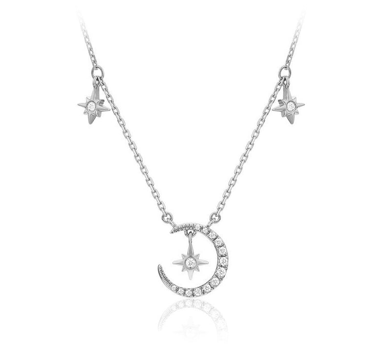 S925 Sterling Silver Moon & Stars CZ Diamond Pendant Necklace