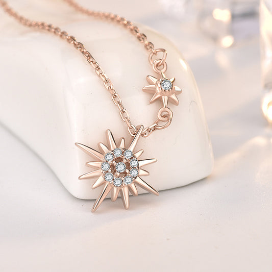 S925 Sterling Silver CZ Diamond Sun Pendant Rose Gold Necklace