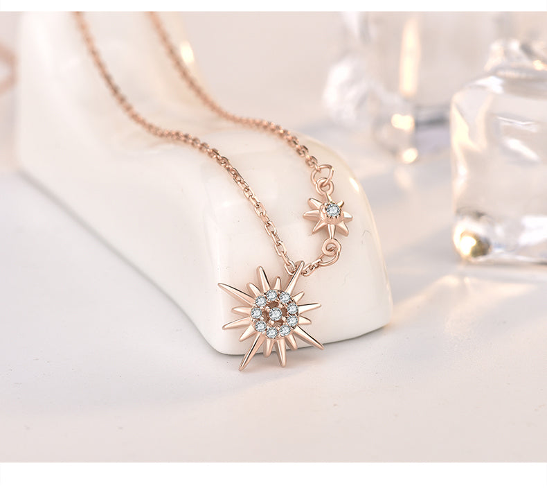 S925 Sterling Silver CZ Diamond Sun Pendant Rose Gold Necklace