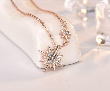 S925 Sterling Silver CZ Diamond Sun Pendant Rose Gold Necklace