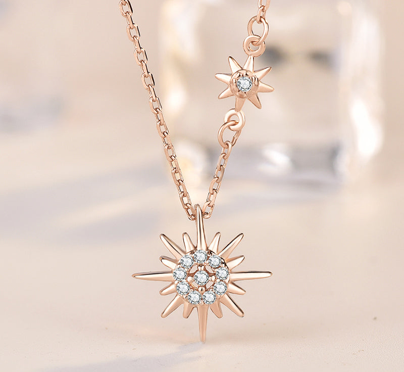 S925 Sterling Silver CZ Diamond Sun Pendant Rose Gold Necklace