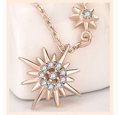 S925 Sterling Silver CZ Diamond Sun Pendant Rose Gold Necklace