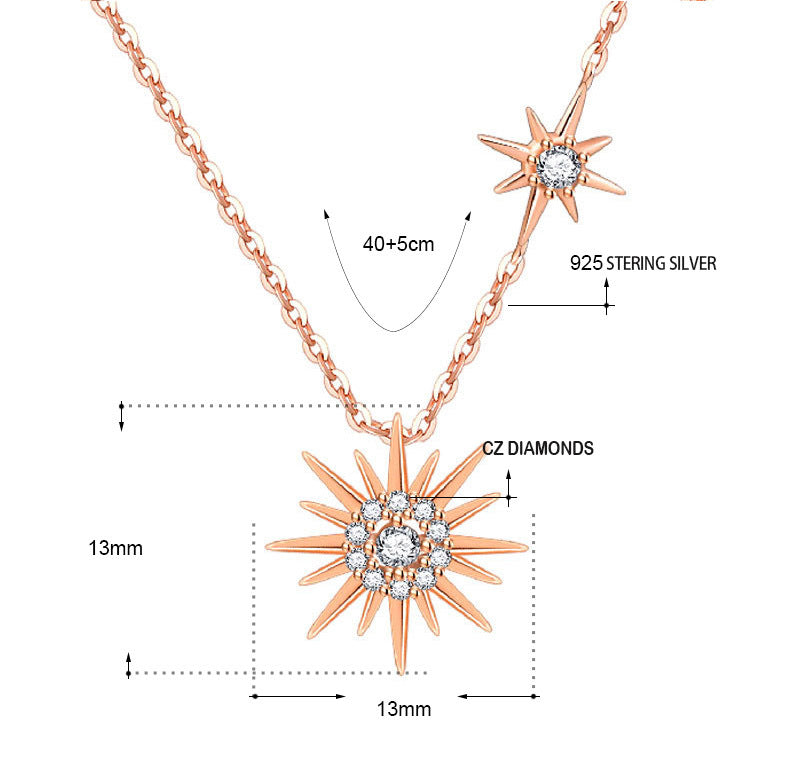 S925 Sterling Silver CZ Diamond Sun Pendant Rose Gold Necklace