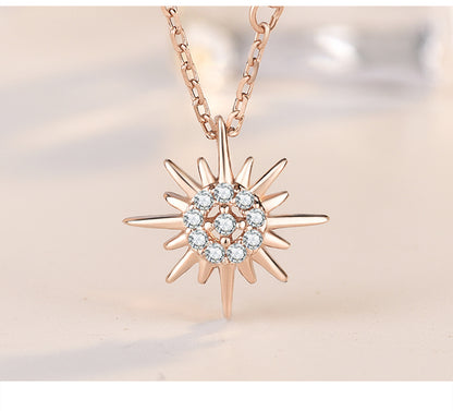 S925 Sterling Silver CZ Diamond Sun Pendant Rose Gold Necklace