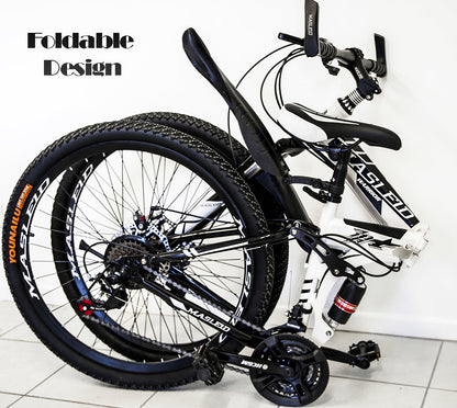 Dual Suspension Foldable 21 Speed Mountain Bike  (White & Black Bicycle)