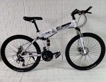 Dual Suspension Foldable 21 Speed Mountain Bike  (White & Black Bicycle)