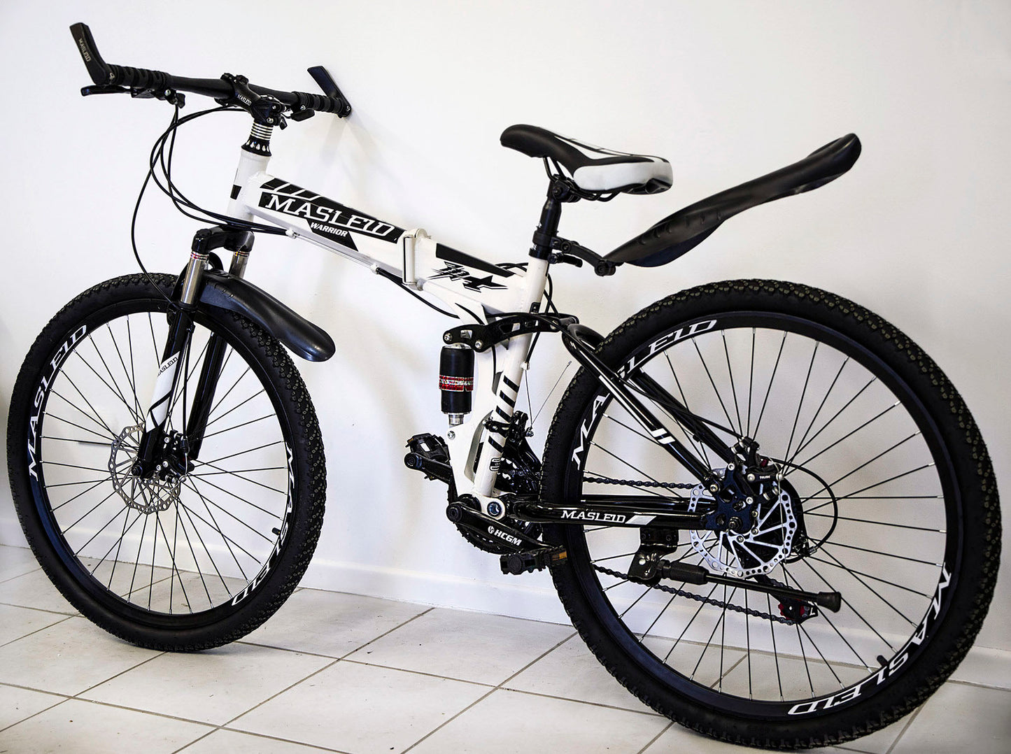 Dual Suspension Foldable 21 Speed Mountain Bike  (White & Black Bicycle)